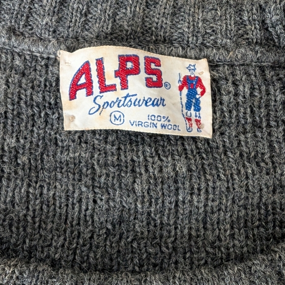 Vintage 50s 60s Alps Sportswear Wool Sweater, Nordic Print Gray & Red - Picture 2 of 8